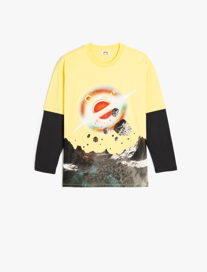 Erkek Çocuk Uzay Baskılı Bisiklet Yaka Uzun Kollu Pamuklu Tişört