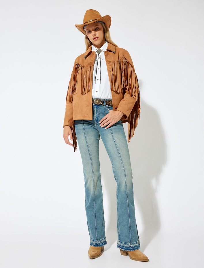  Süet Görünümlü Shacket Püsküllü Klasik Yaka Düğmeli