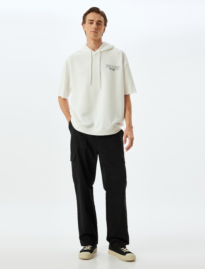  Spor Sweatshirt Oversize Kapşonlu Slogan Baskılı Yarım Kollu Pamuk Karışımlı