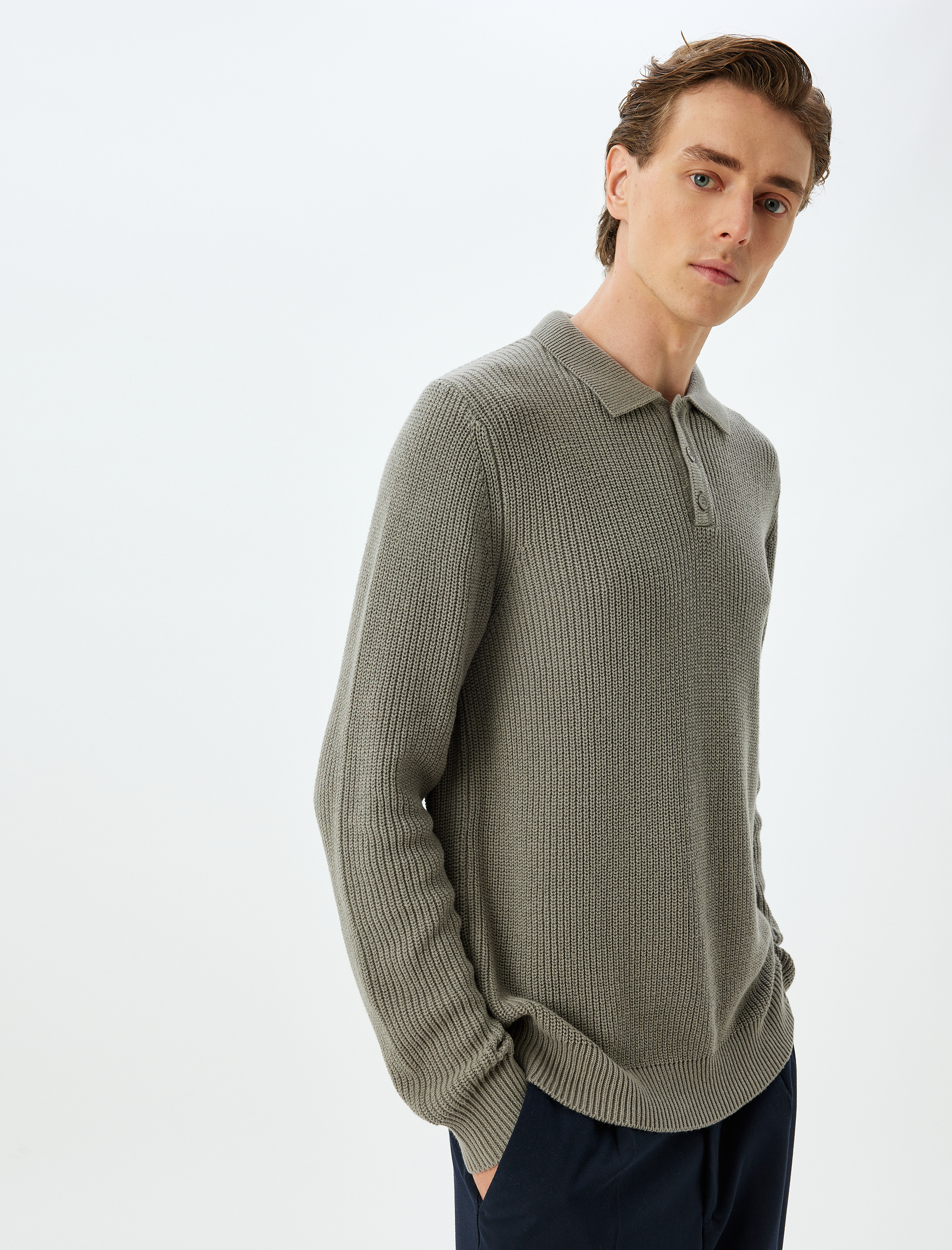   Kışlık Triko Kazak Polo Yaka Basic Düğmeli Pamuklu