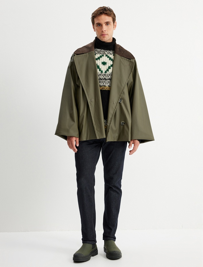  Trençkot Kadife Yaka Detaylı Cepli Düğmeli