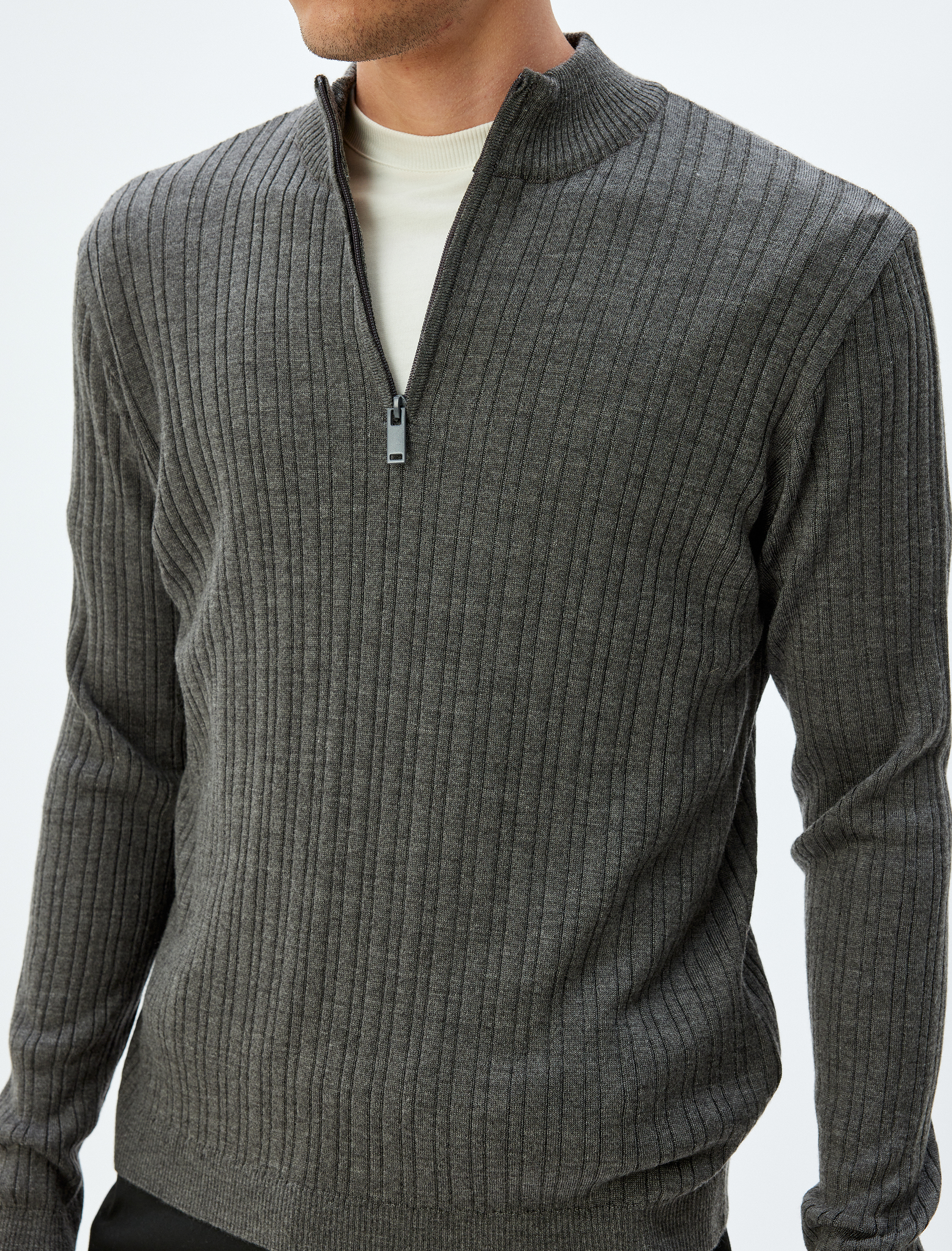   Triko Kazak Dik Yaka Yarım Fermuarlı Basic