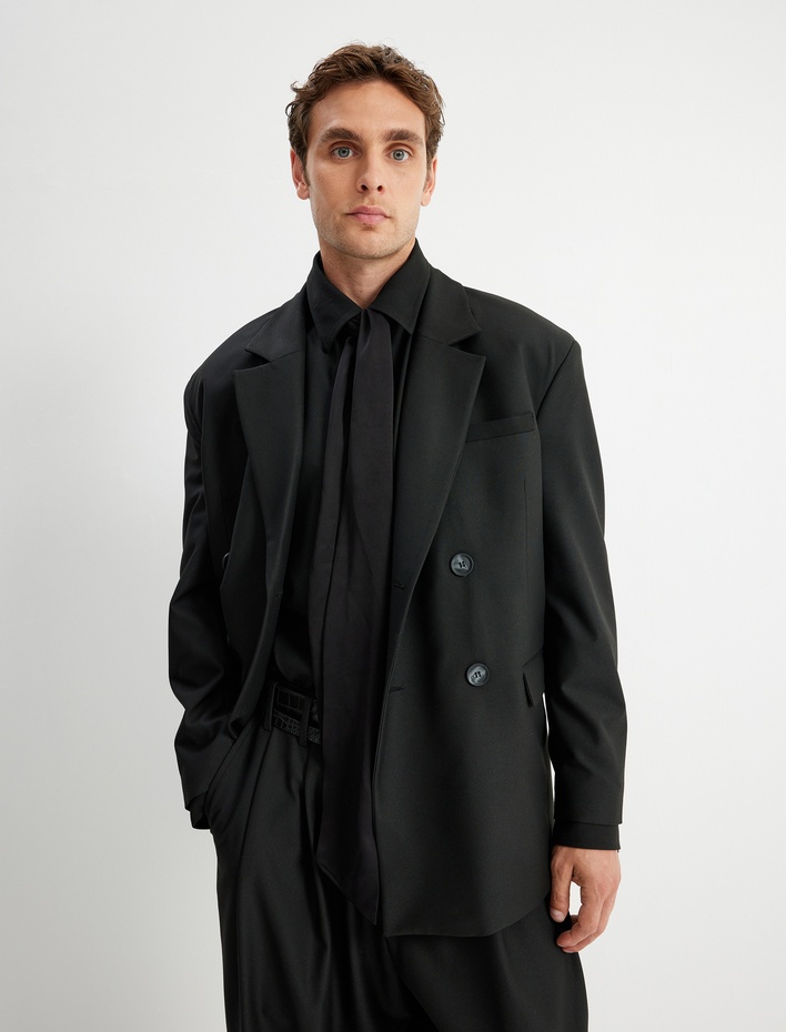  Blazer Ceket Kruvaze Yaka Düğmeli Kapaklı Cep Detaylı Viskon Karışımlı