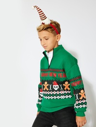 Dik Yaka Yarım Fermuarlı Pamuklu Kuru Kafa Baskılı Şardonlu Sweatshirt