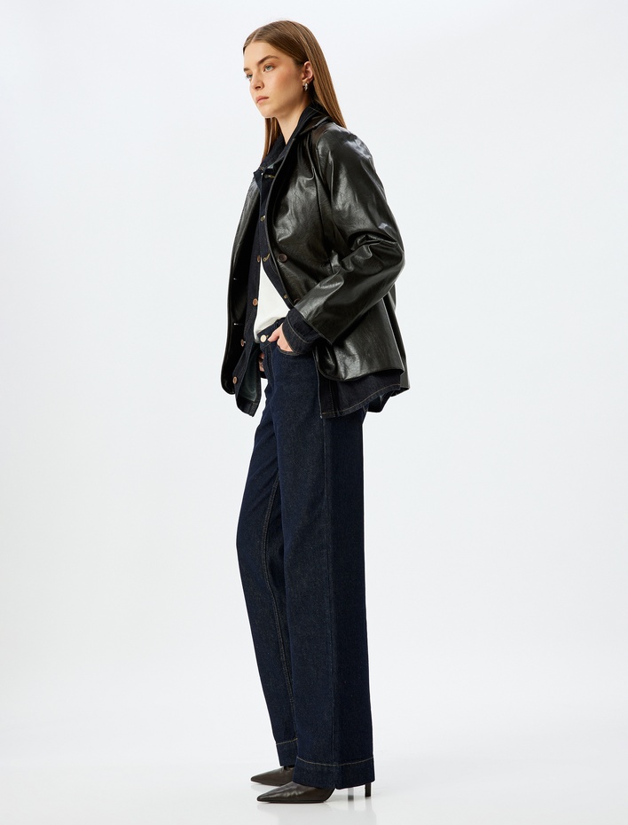  Düz Uzun Paça Dikiş Detaylı Normal Bel Cepli Kot Pantolon - Longer Straight Jean