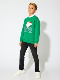 Uzun Kollu Bisiklet Yaka Yılbaşı Temalı Şardonlu Sweatshirt