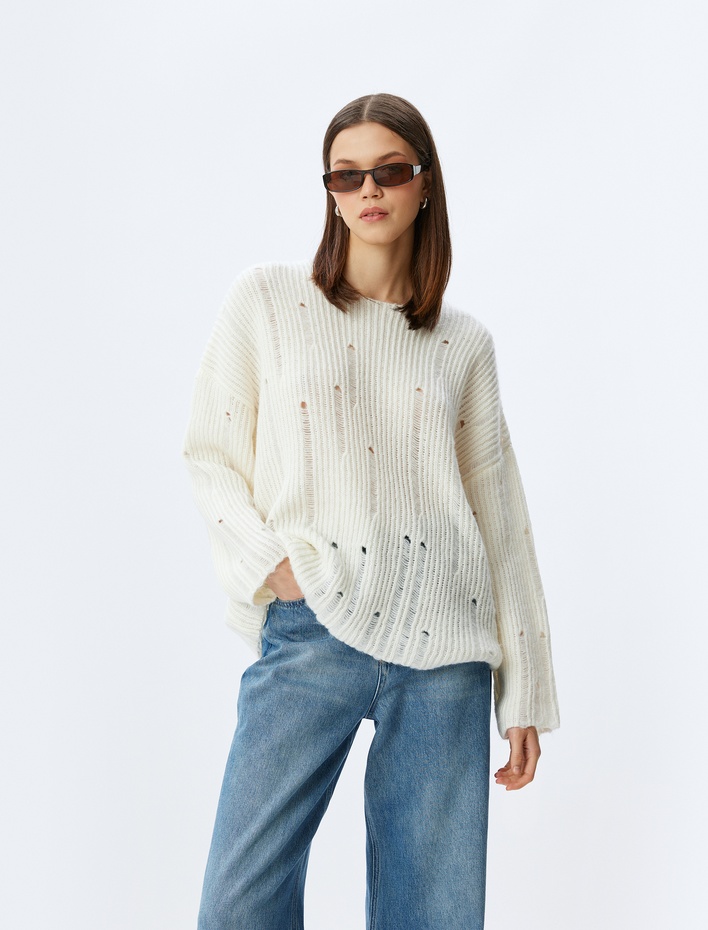  Bisiklet Yaka Yıpratılmış Uzun Kollu Rahat Kalıp Triko Kazak