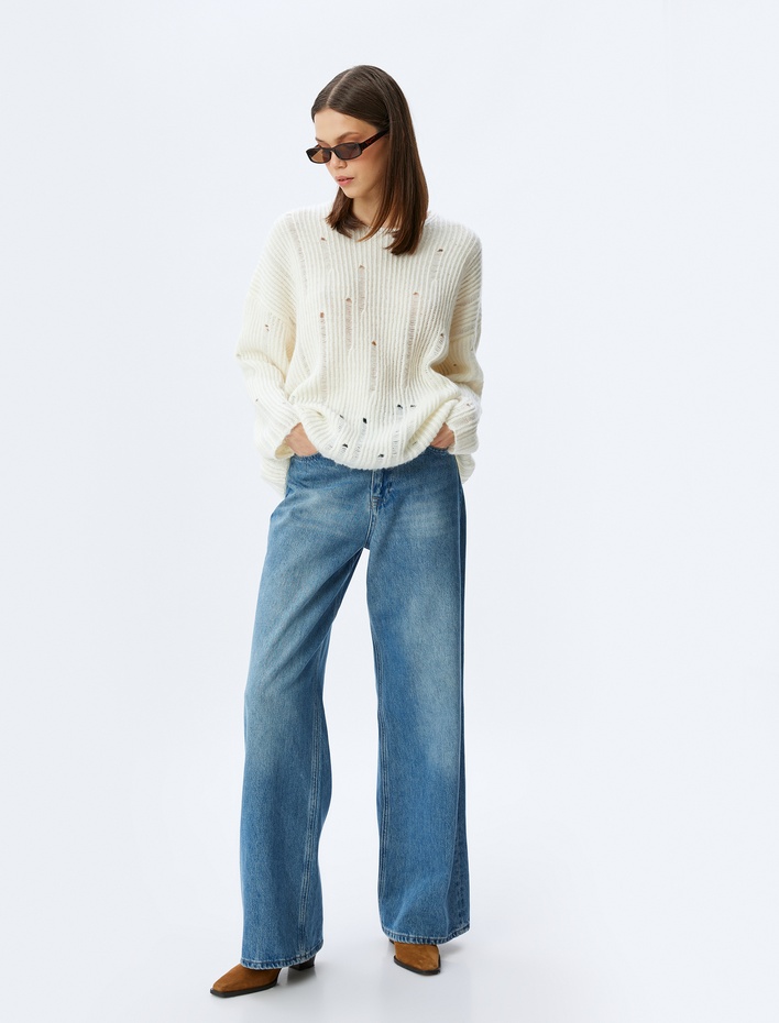  Bisiklet Yaka Yıpratılmış Uzun Kollu Rahat Kalıp Triko Kazak