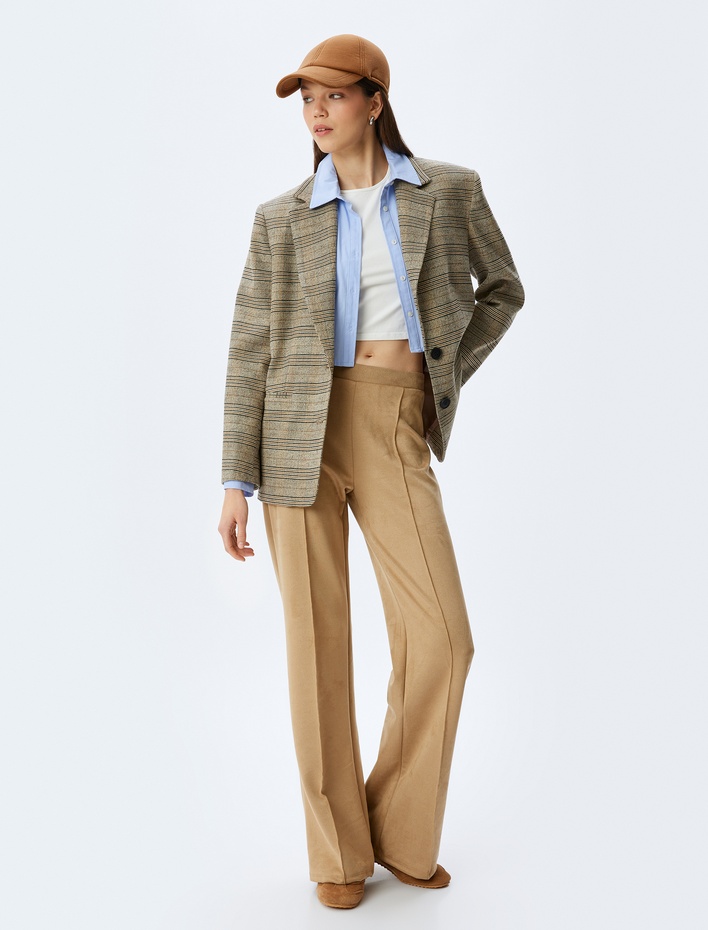  Süet Görünümlü Yüksek Bel Lastikli Nervürlü İspanyol Paça Pantolon