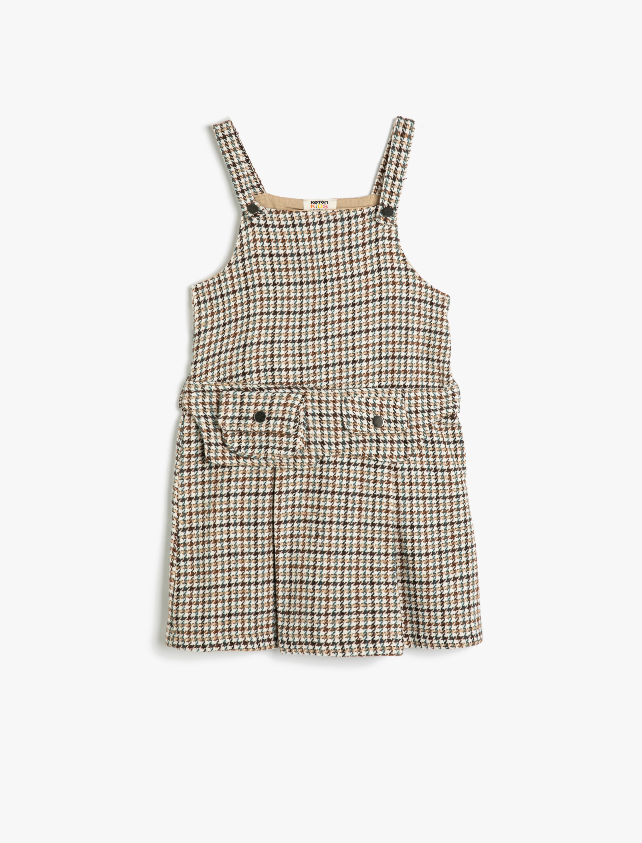  Kız Çocuk Askılı Elbise Cep ve Düğme Detaylı Kare Yaka