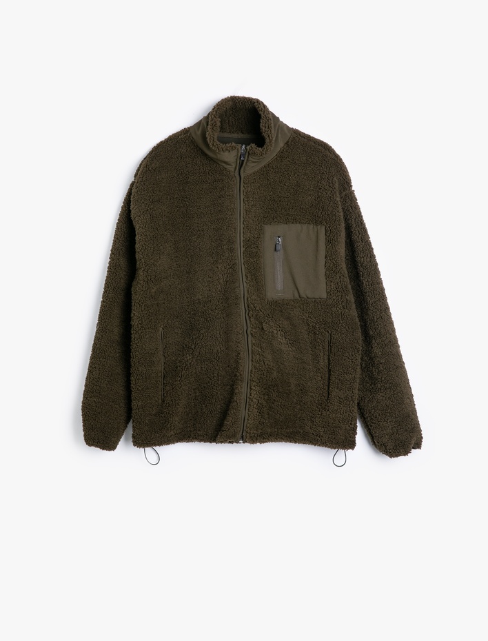  Dik Yaka Fermuarlı Cep Detaylı Kalın Kumaşlı Oversize Peluş Spor Ceket