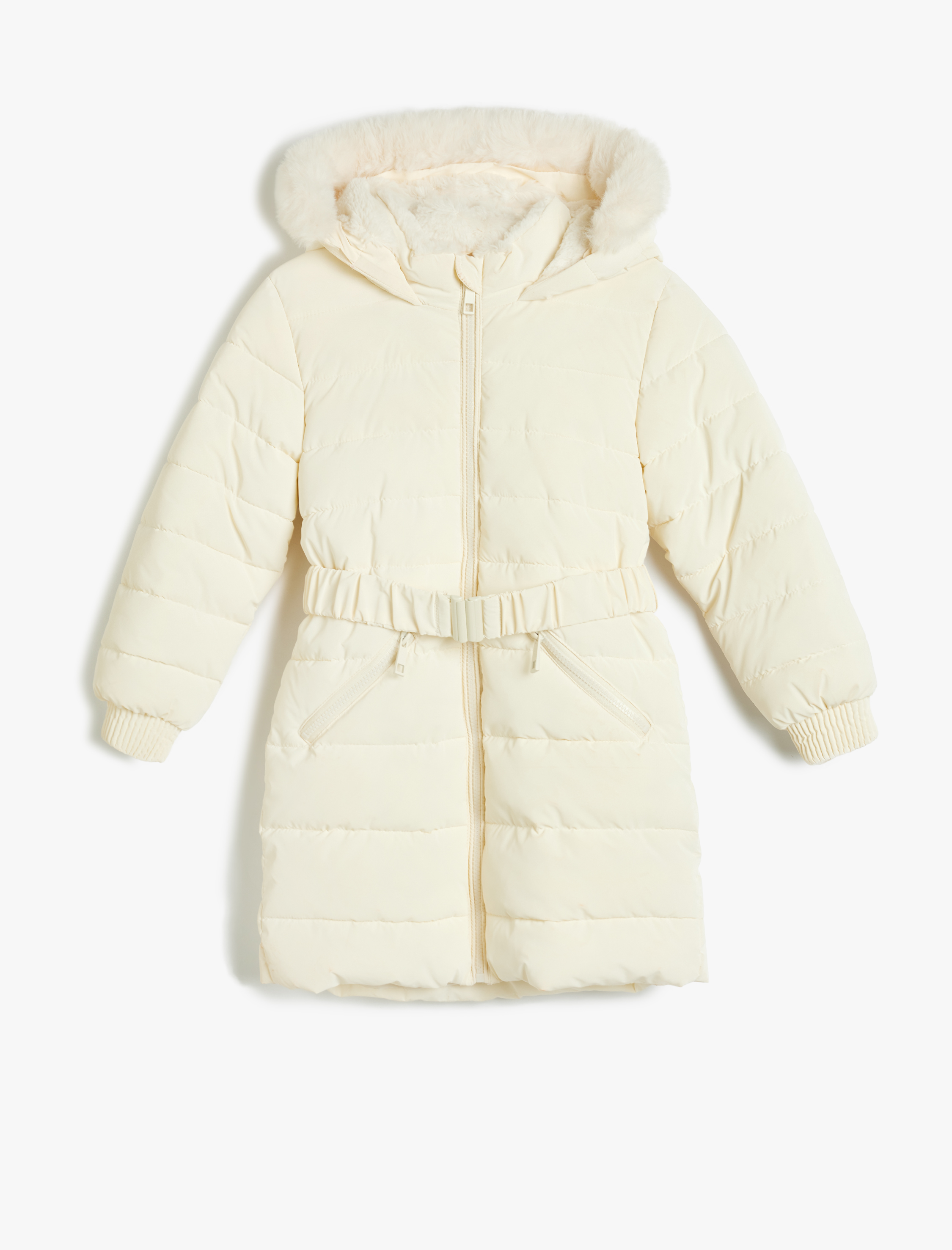  Kız Çocuk Uzun Şişme Kapşonlu Mont Suni Kürk Detaylı Cepli Kemerli