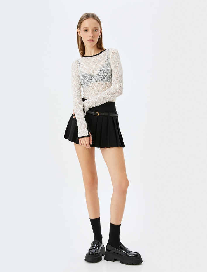  Bisiklet Yaka Biyeli Uzun Kollu Slim Fit Dantel Tişört