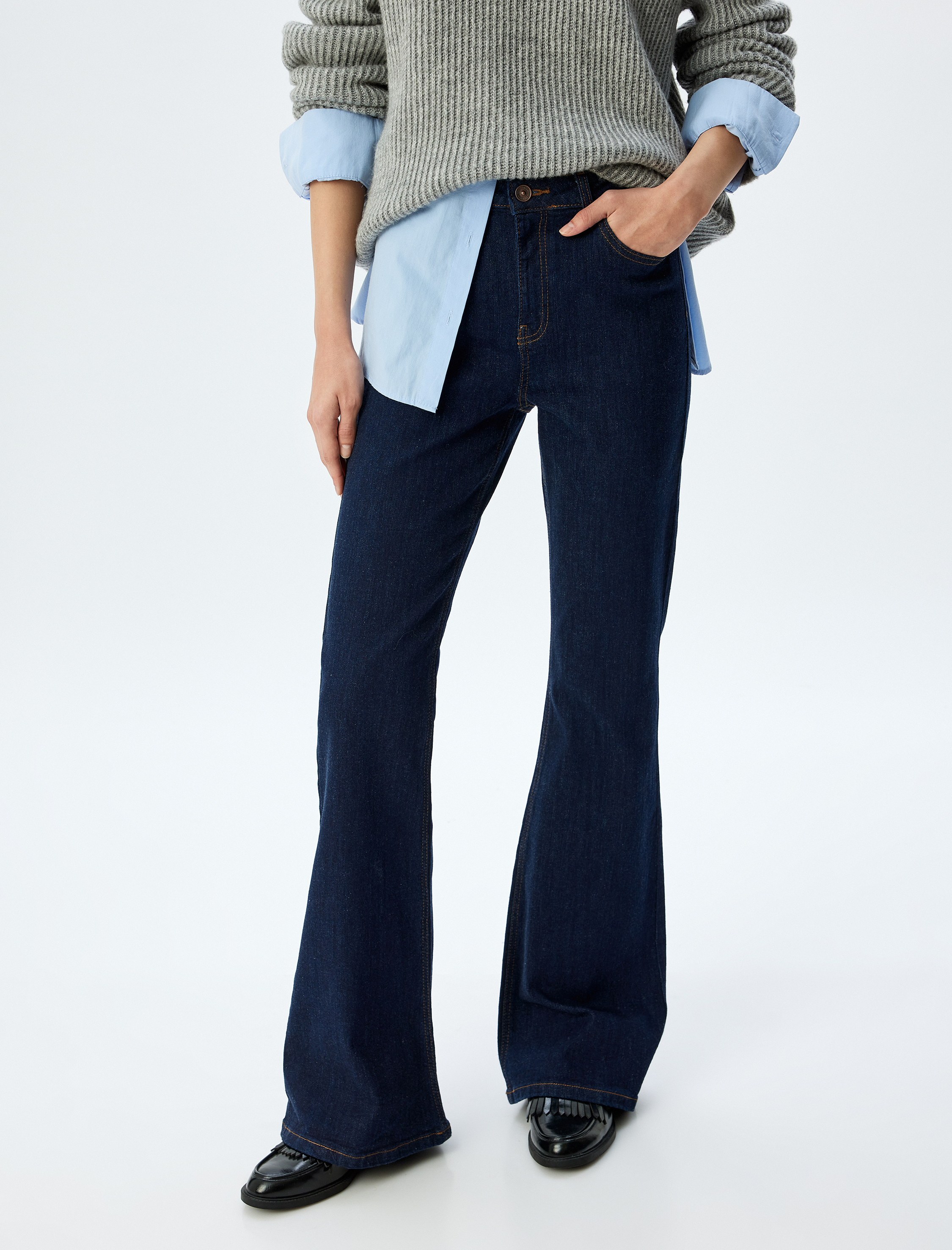   İspanyol Paça Normal Bel Skinny Fit Düğmeli Kot Pantolon - Flare Jean