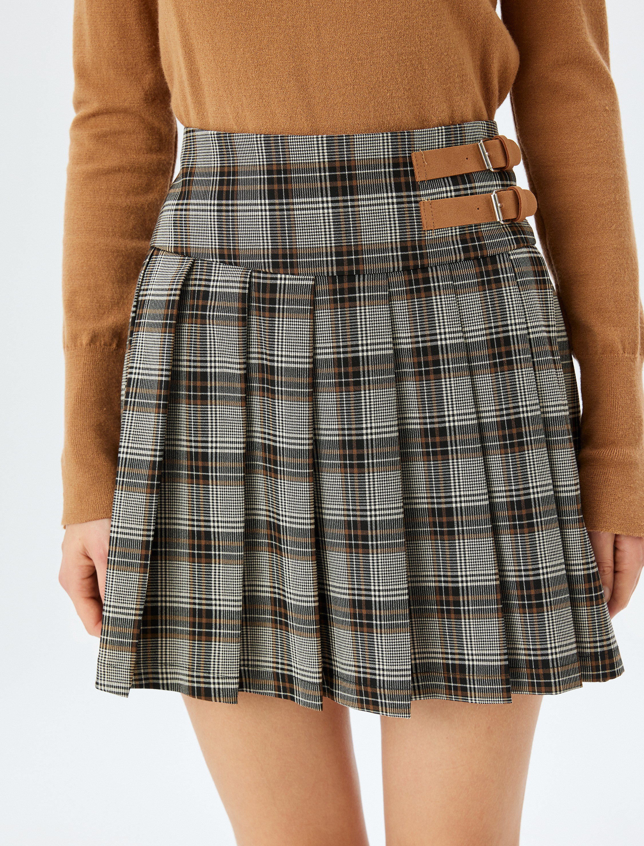   Mini Kemer Detaylı Pileli Ekoseli Etek