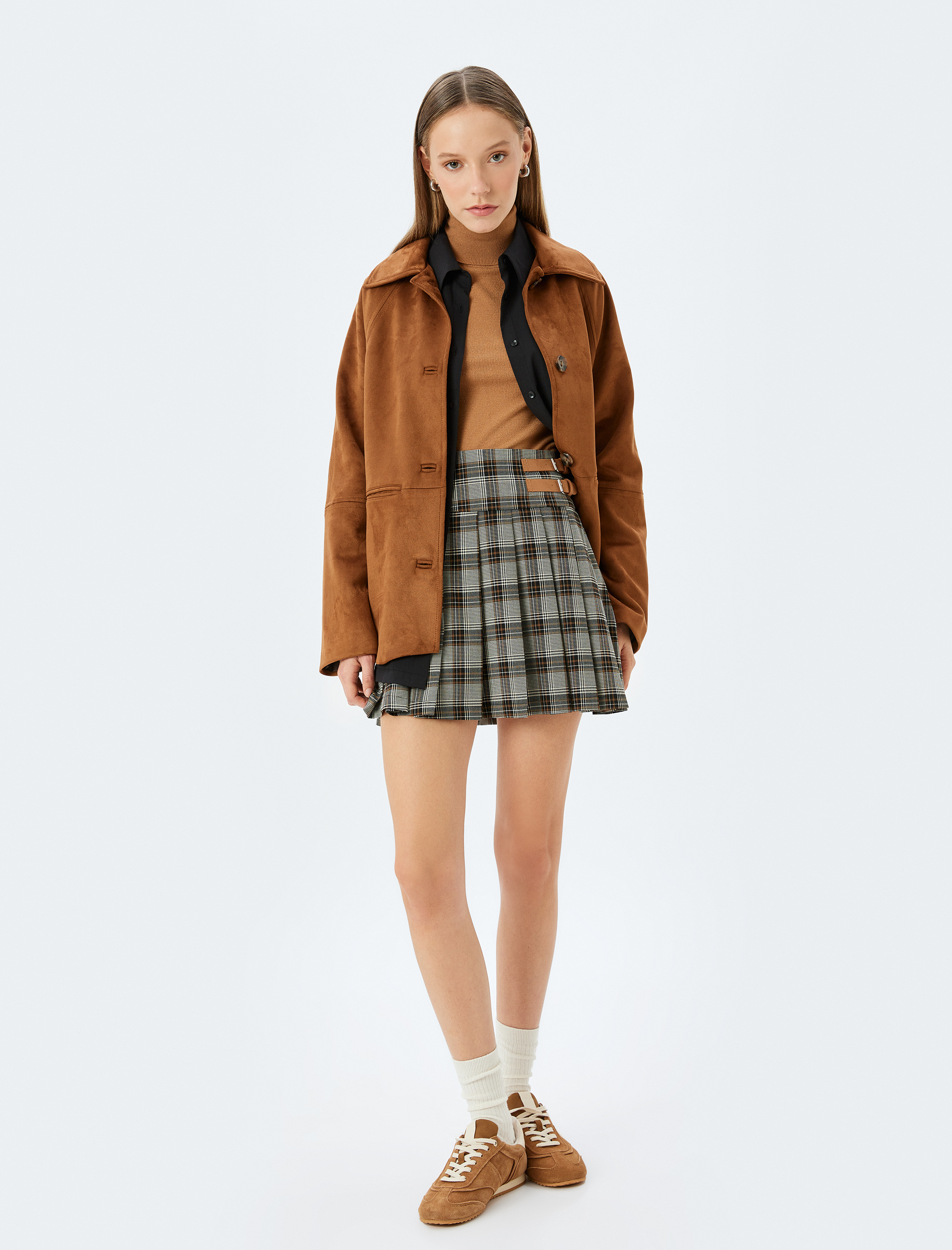   Mini Kemer Detaylı Pileli Ekoseli Etek