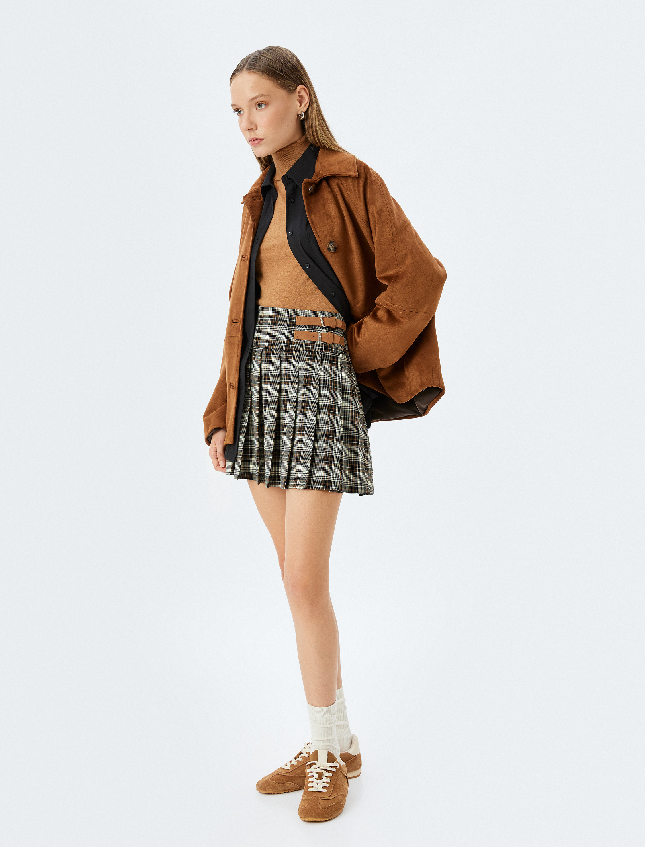   Mini Kemer Detaylı Pileli Ekoseli Etek