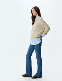 Düşük Bel İspanyol Paça Slim Fit Düğmeli Cepli Kot Pantolon - Flare Jean