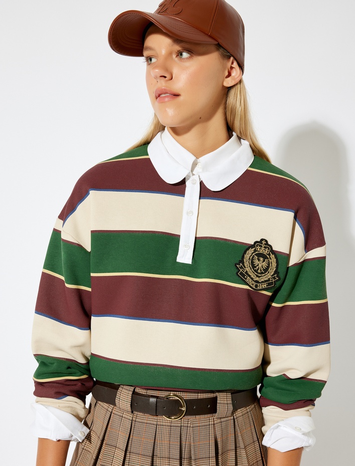  Şardonlu Polo Yaka Renk Bloklu Nakışlı Düğmeli Rahat Kalıp Sweatshirt