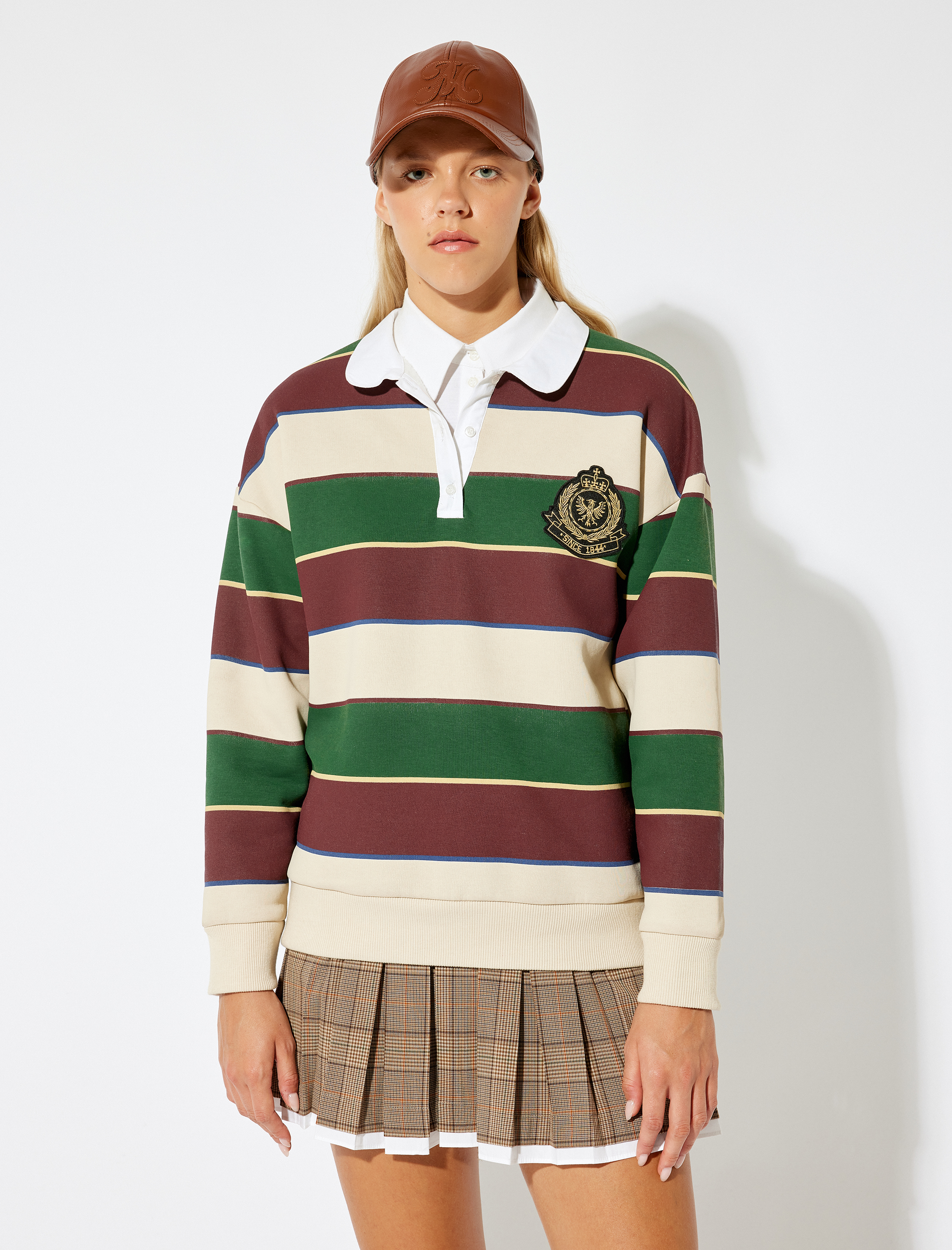   Şardonlu Polo Yaka Renk Bloklu Nakışlı Düğmeli Rahat Kalıp Sweatshirt