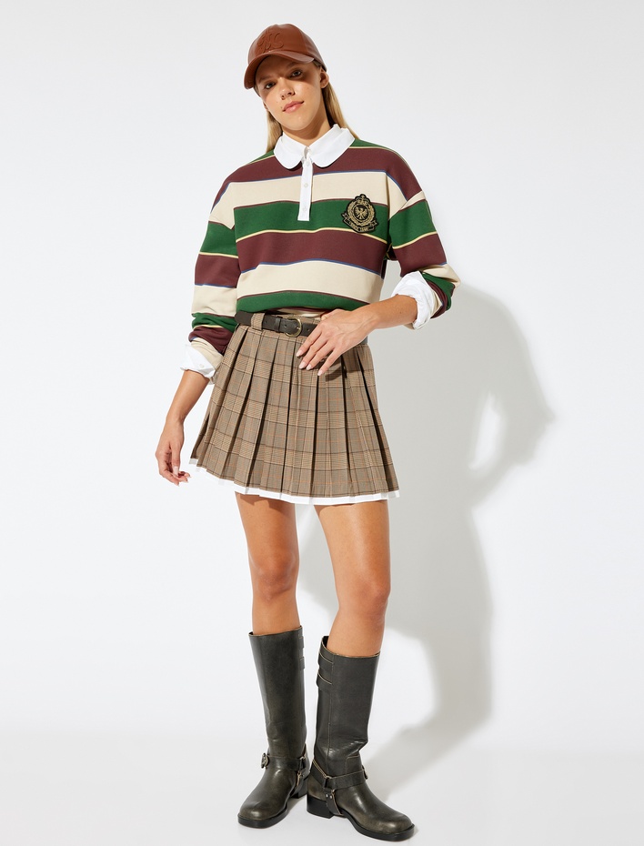  Şardonlu Polo Yaka Renk Bloklu Nakışlı Düğmeli Rahat Kalıp Sweatshirt