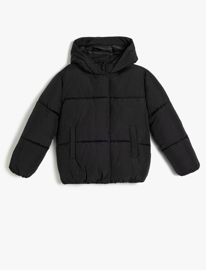 Kız Çocuk Fermuarlı Cep Detaylı Kapşonlu Şişme Mont