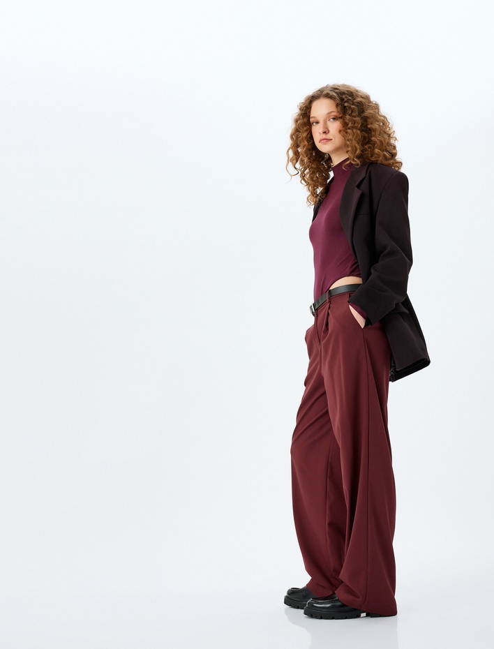  Normal Bel Düğmeli Cep Detaylı Düz Uzun Paça Pileli Pantolon