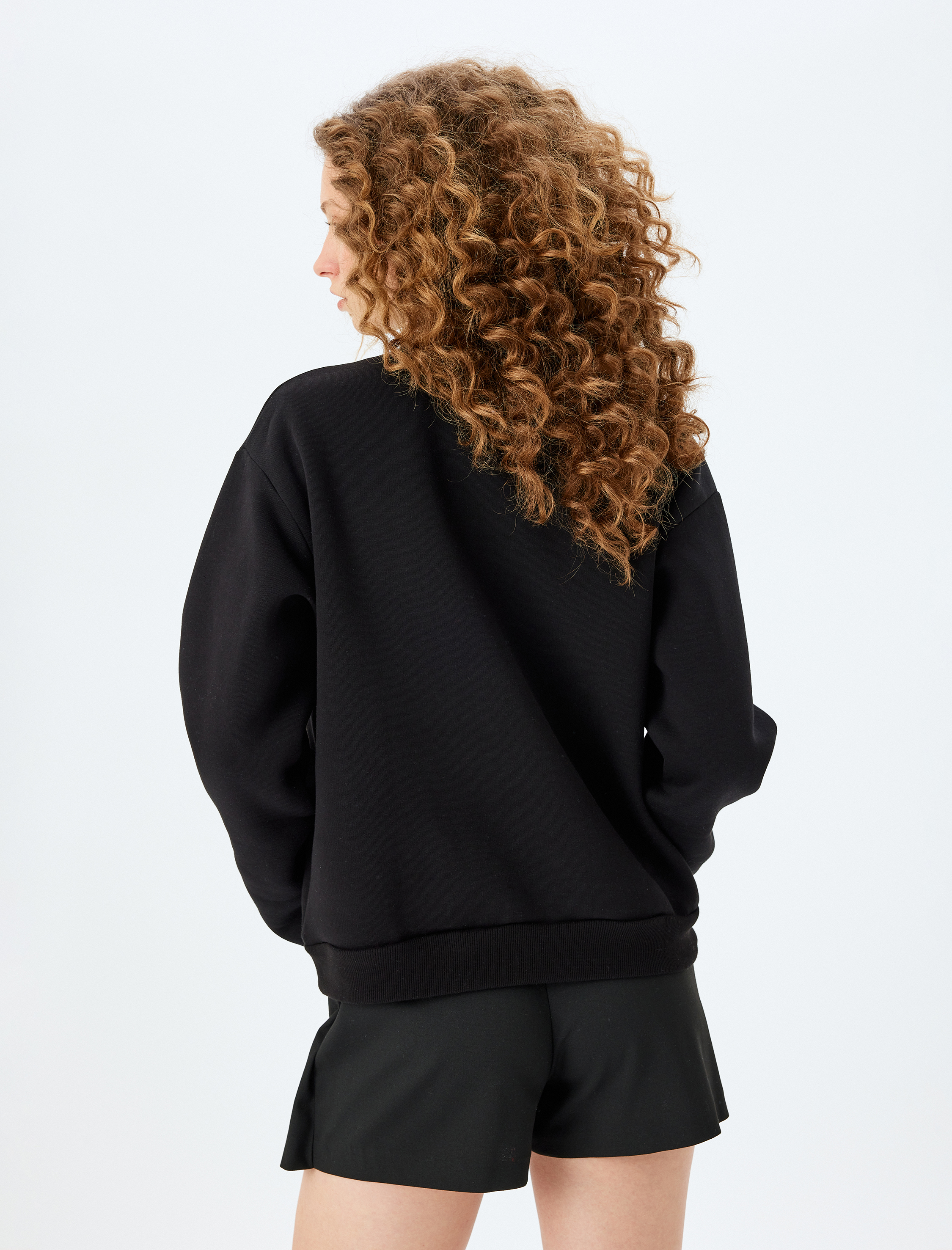   Şardonlu Fiyonk Baskılı Taşlı Bisiklet Yaka Uzun Kollu Sweatshirt