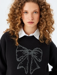 Şardonlu Fiyonk Baskılı Taşlı Bisiklet Yaka Uzun Kollu Sweatshirt