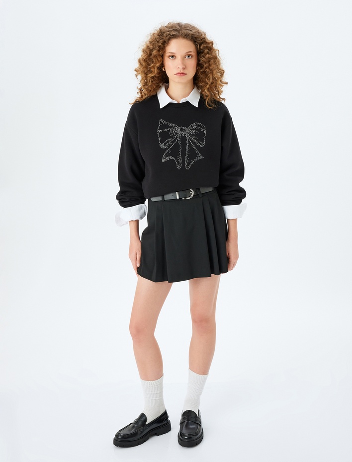  Şardonlu Fiyonk Baskılı Taşlı Bisiklet Yaka Uzun Kollu Sweatshirt