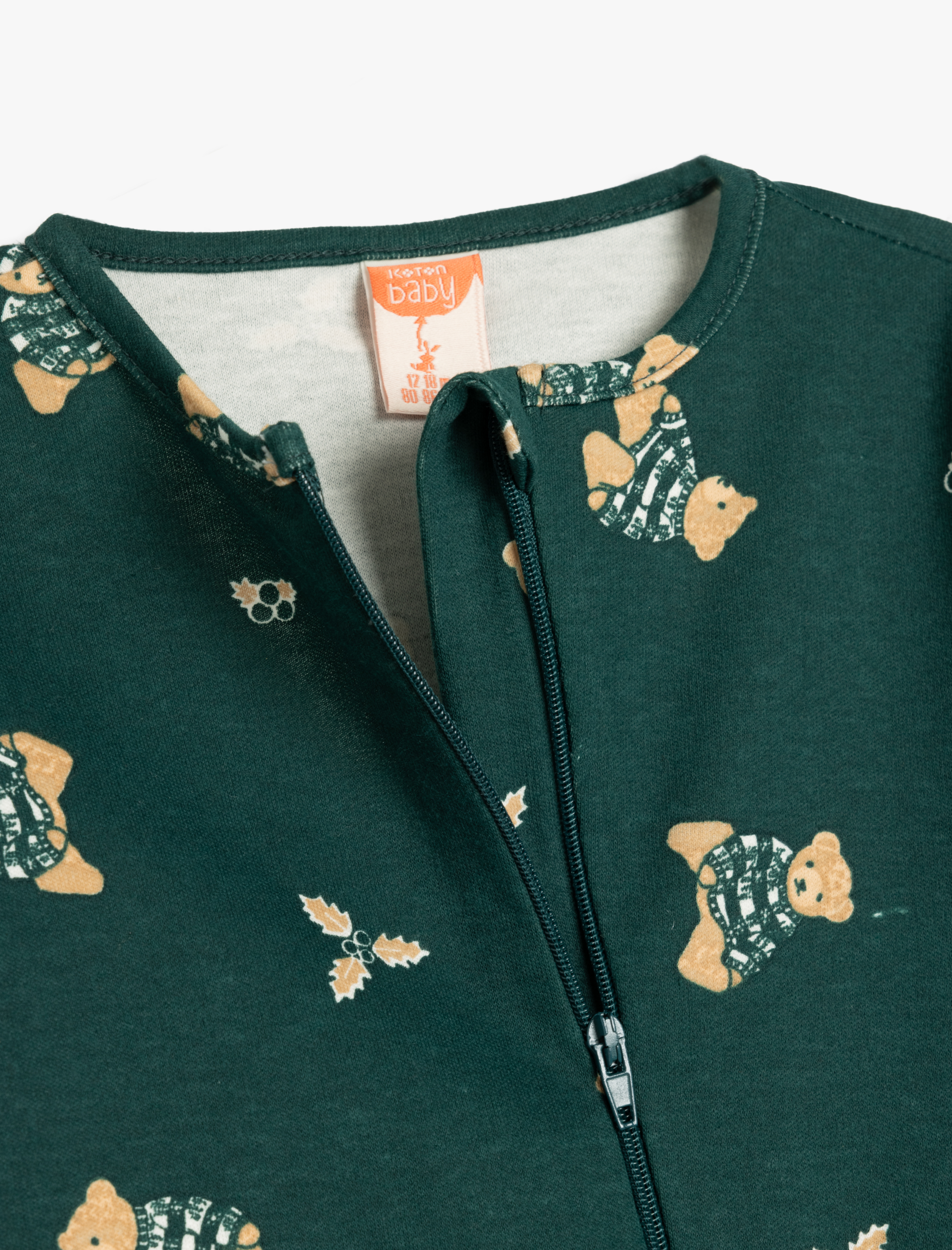  Erkek Bebek Ayıcık Baskılı Fermuar Kapamalı Pamuklu Tulum