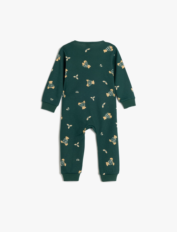 Erkek Bebek Ayıcık Baskılı Fermuar Kapamalı Pamuklu Tulum