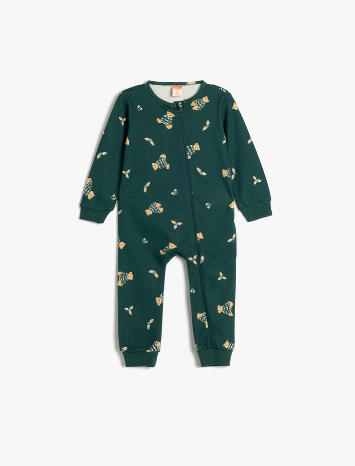 Erkek Bebek Ayıcık Baskılı Fermuar Kapamalı Pamuklu Tulum