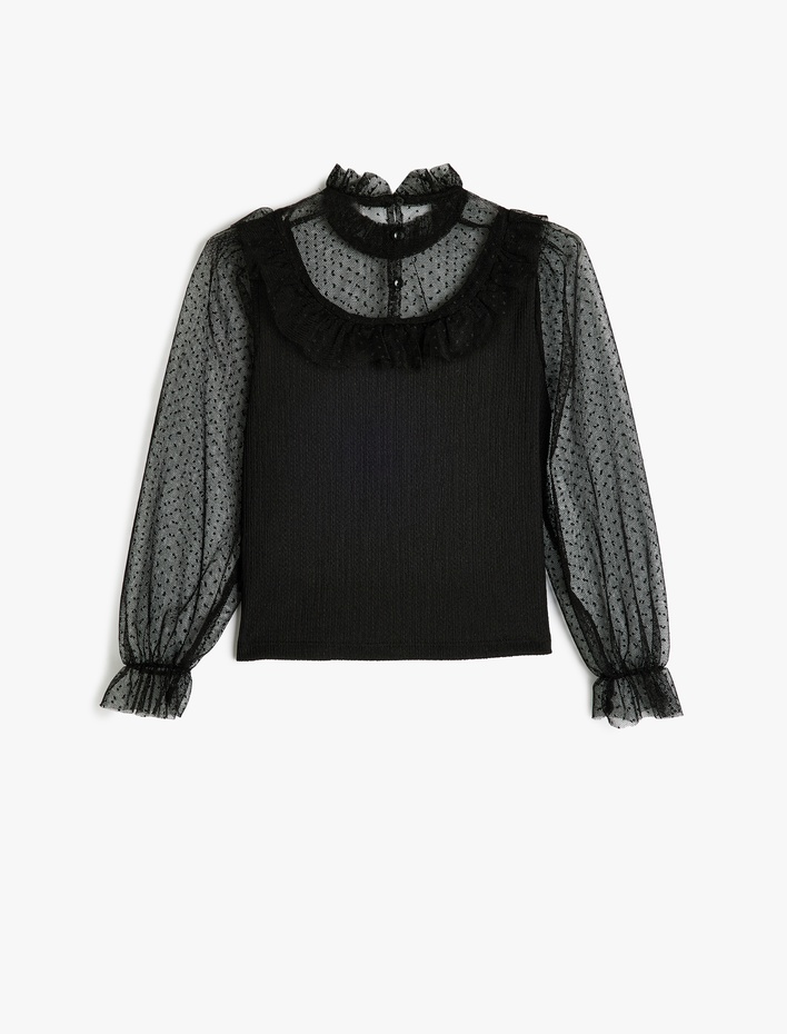 Kız Çocuk Bluz Balon Kollu Tül Detaylı Dik Yaka