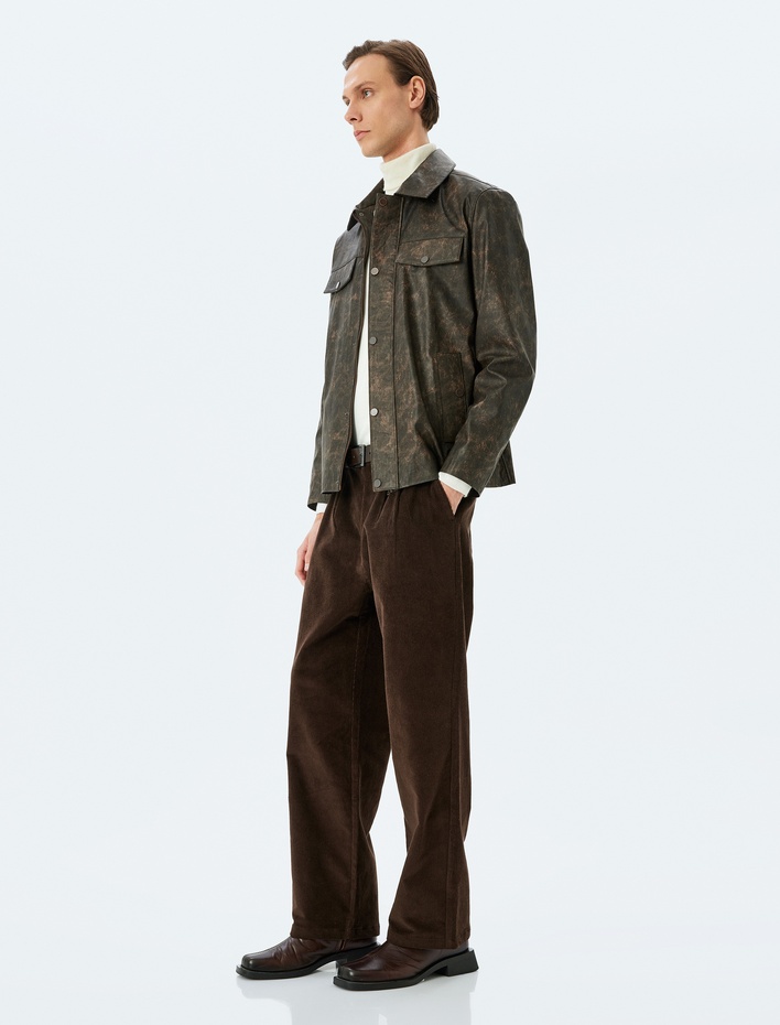  Pile Detaylı Pamuklu Fitilli Kadife Bol Baggy Pantolon