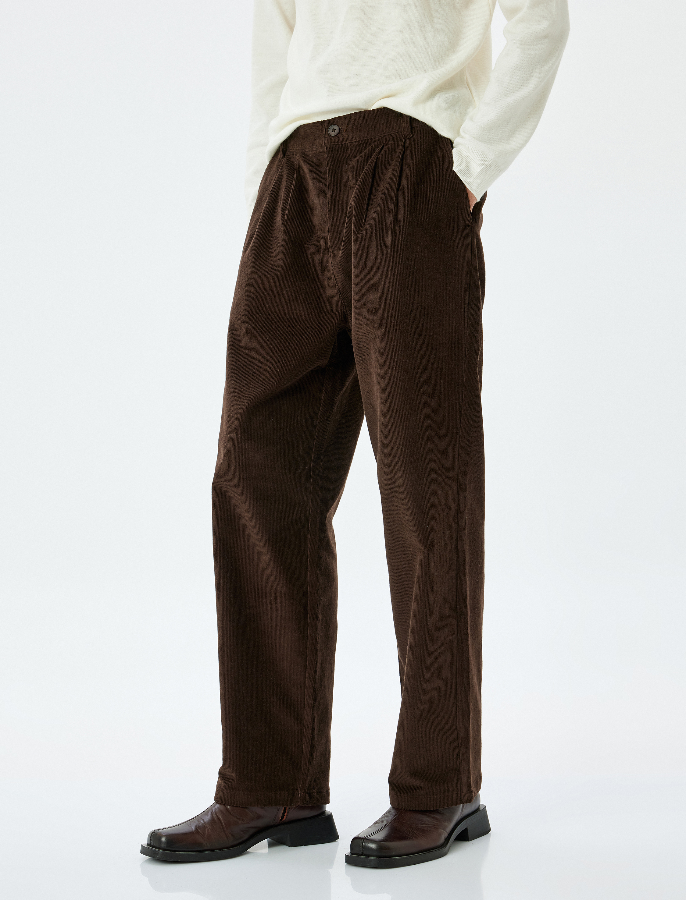   Pile Detaylı Pamuklu Fitilli Kadife Bol Baggy Pantolon