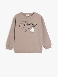 Köpek Baskılı Bisiklet Yaka Uzun Kollu Pamuklu Şardonlu Sweatshirt