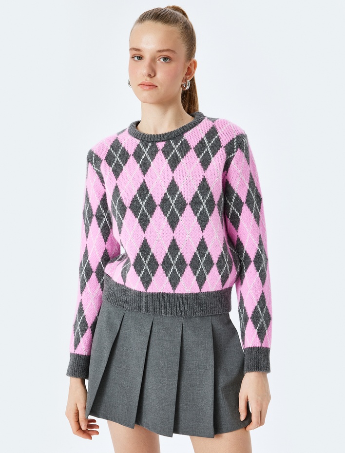  Uzun Kollu Bisiklet Yaka Baklava Desenli Triko Kazak