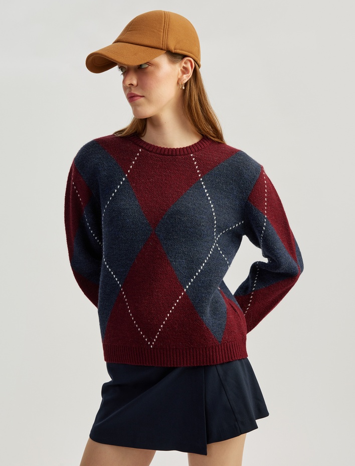  Baklava Desenli Uzun Kollu Bisiklet Yaka Triko Kazak