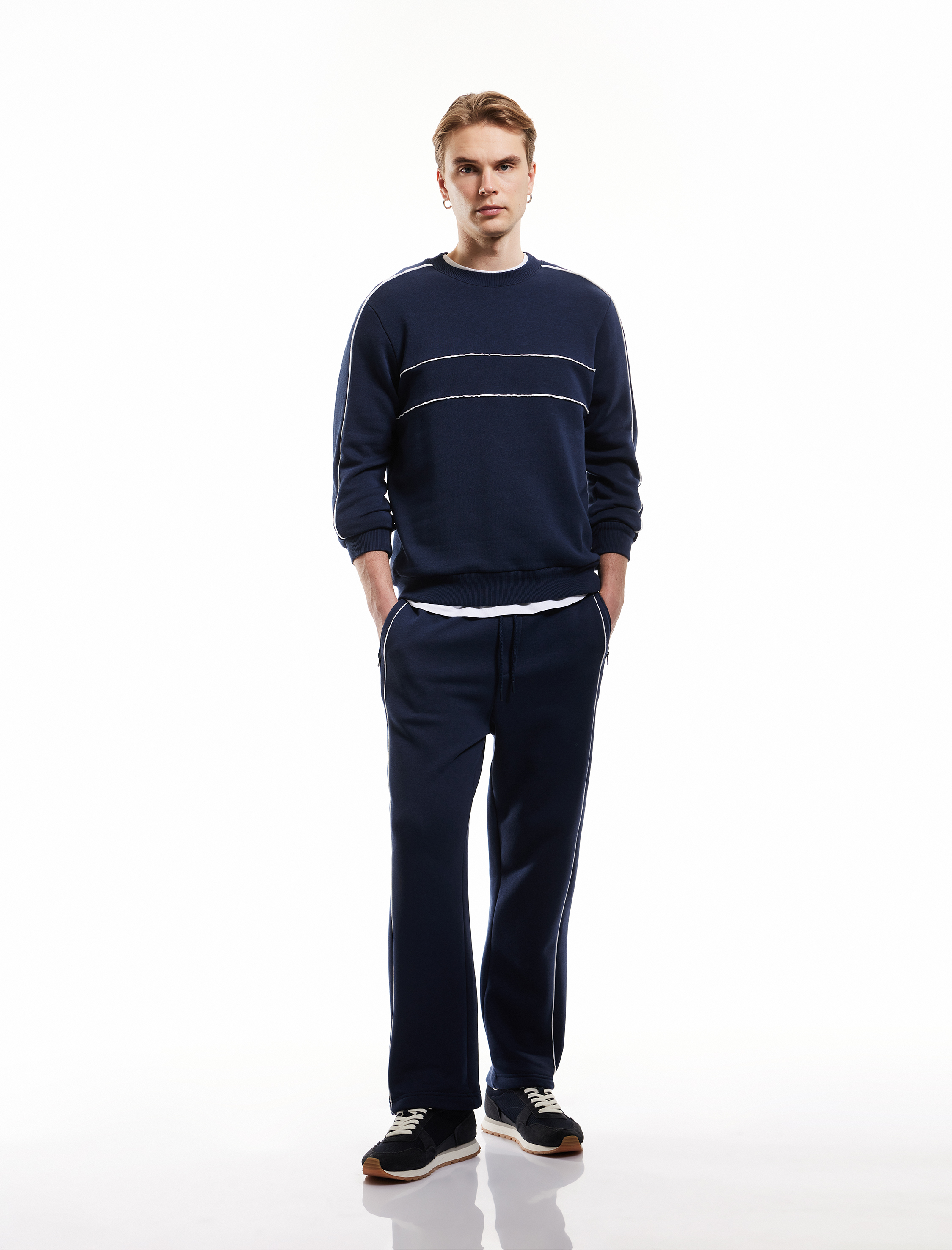   Fermuarlı Cepli Dikiş Detaylı Şardonlu Pamuk Karışımlı Beli Bağcıklı Kışlık Eşofman Altı