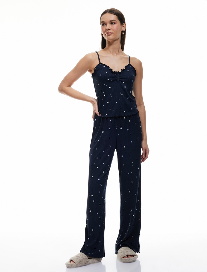  Normal Bel Rahat Kalıp Yıldız Desenli Fitilli Kadife Pijama Altı