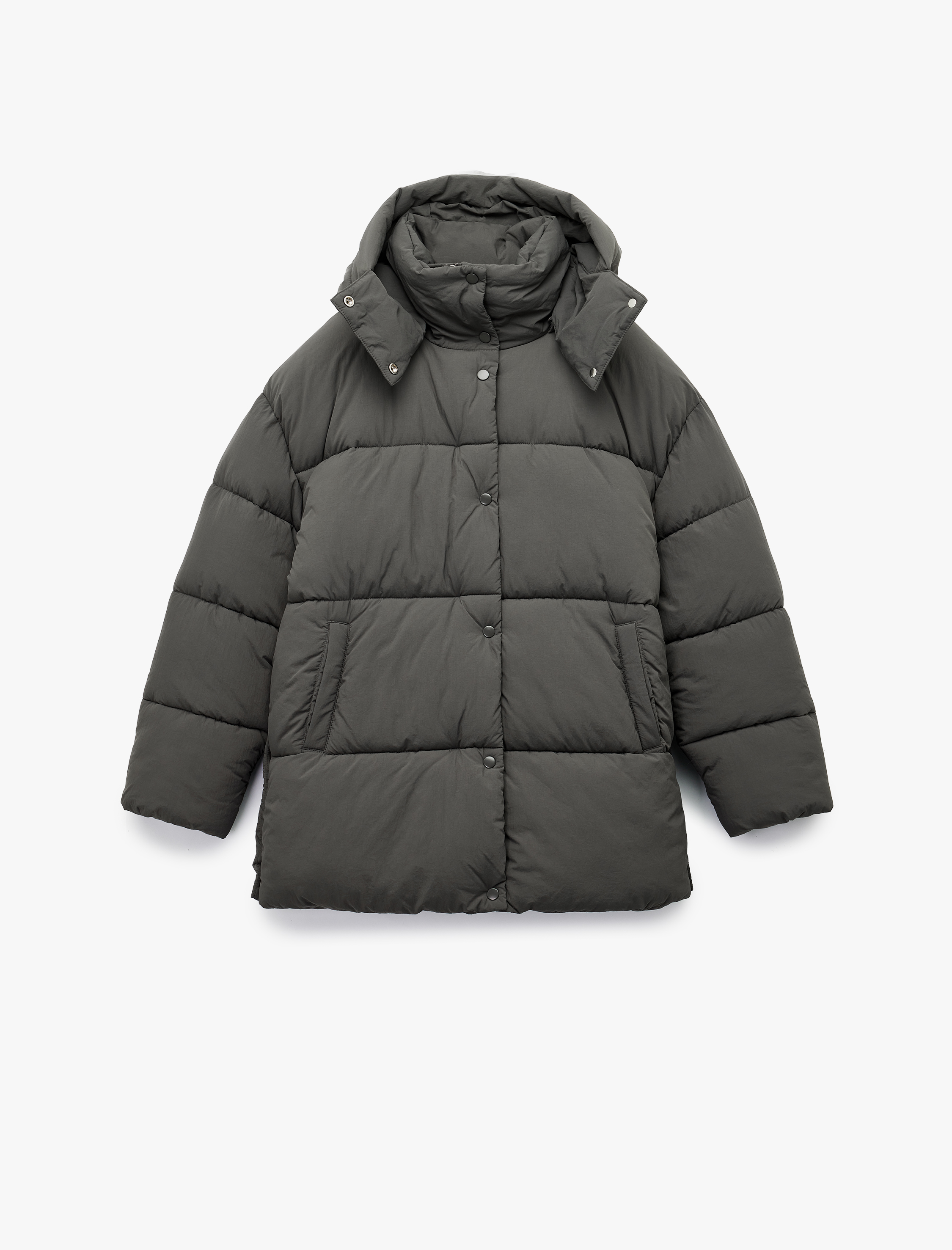   Fermuarlı Cepli Çıkarılabilir Kapüşonlu Uzun Kollu Su İtici Oversize Şişme Mont