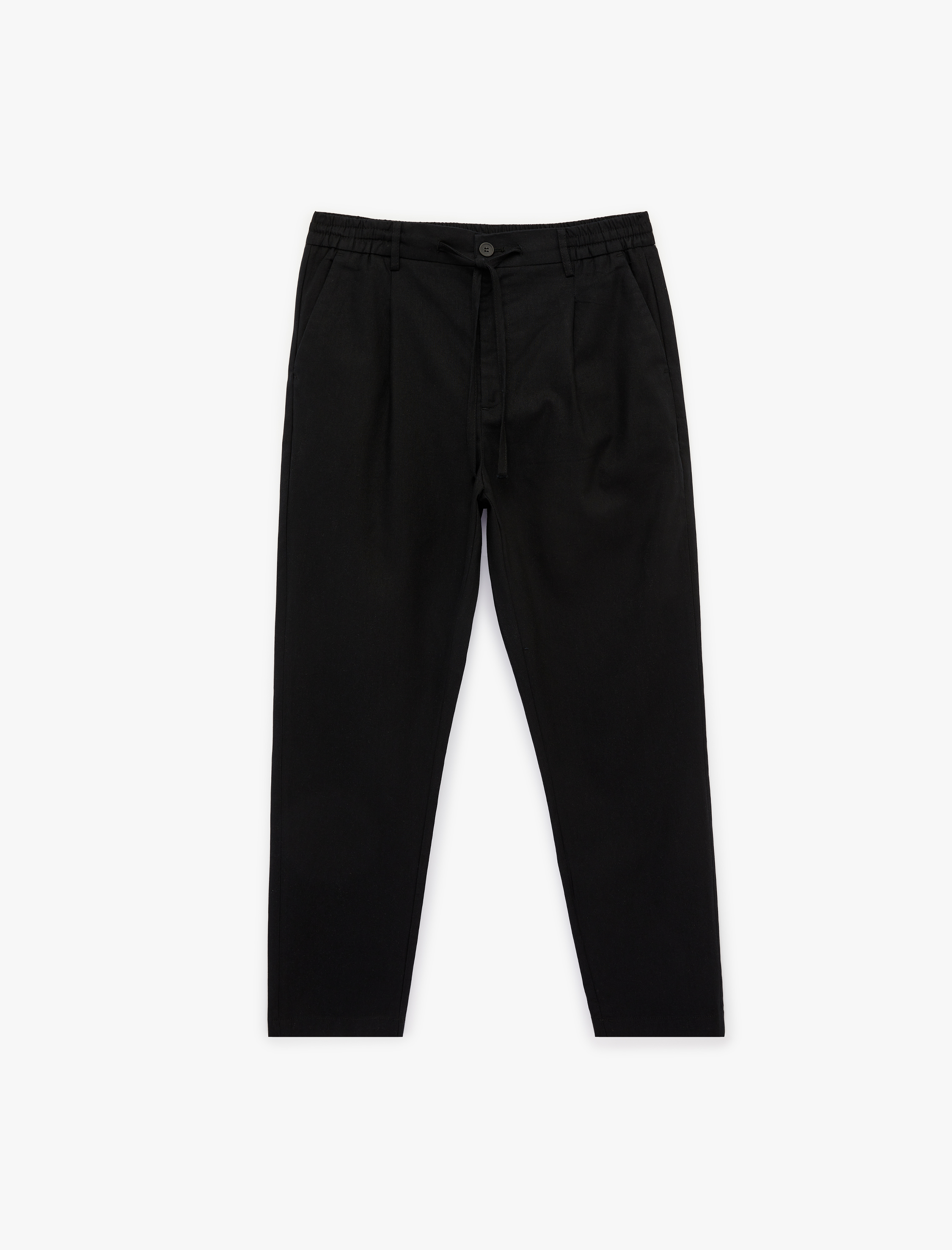   Regular Fit Beli Lastikli Düğmeli Düz Paça Keten Karışımlı Chino Pantolon