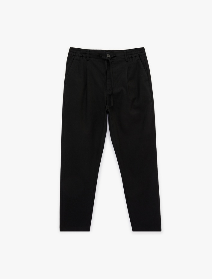  Regular Fit Beli Lastikli Düğmeli Düz Paça Keten Karışımlı Chino Pantolon