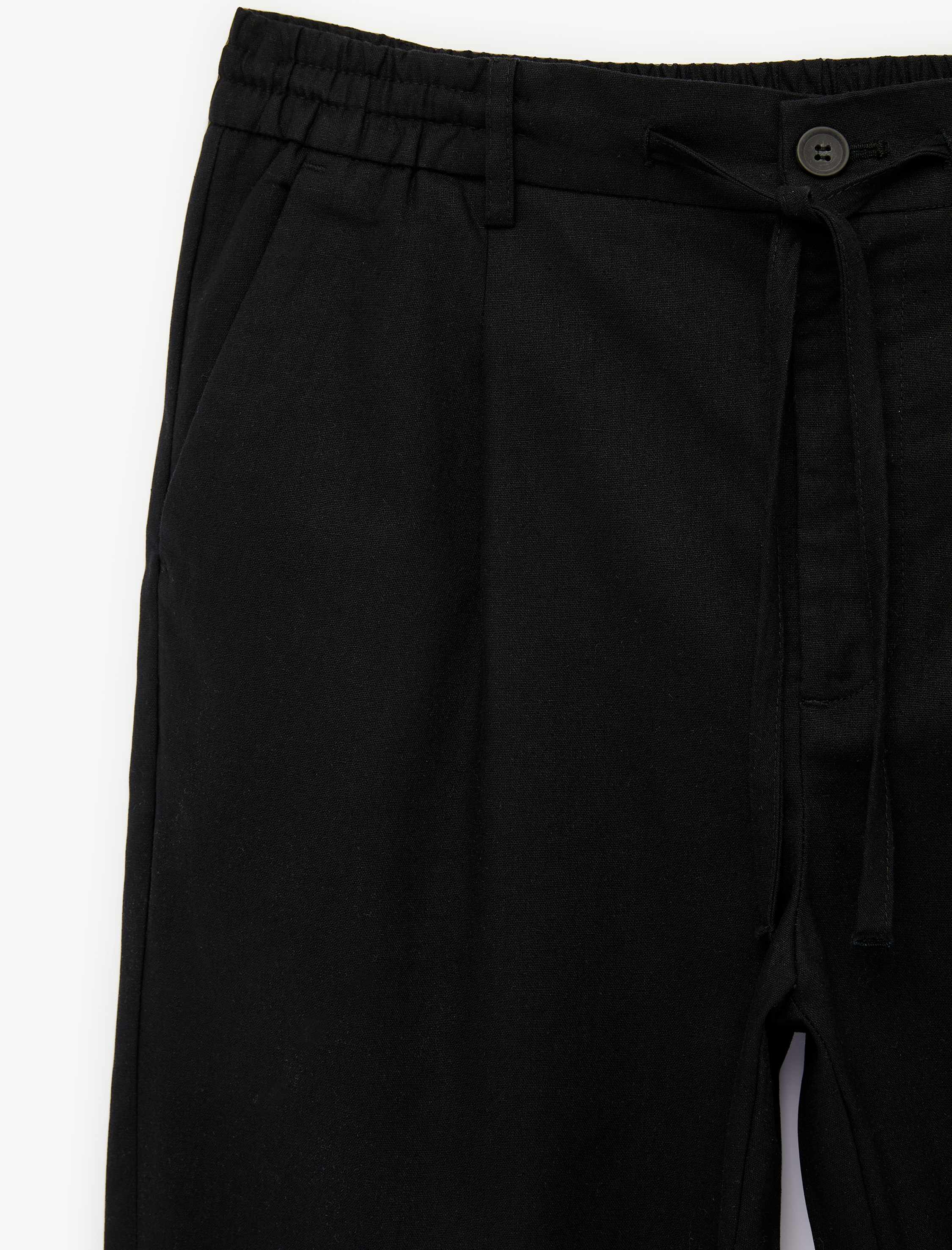   Regular Fit Beli Lastikli Düğmeli Düz Paça Keten Karışımlı Chino Pantolon