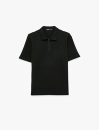 Regular Fit Kısa Kollu Waffle Dokulu Yarım Fermuarlı Polo Yaka Tişört