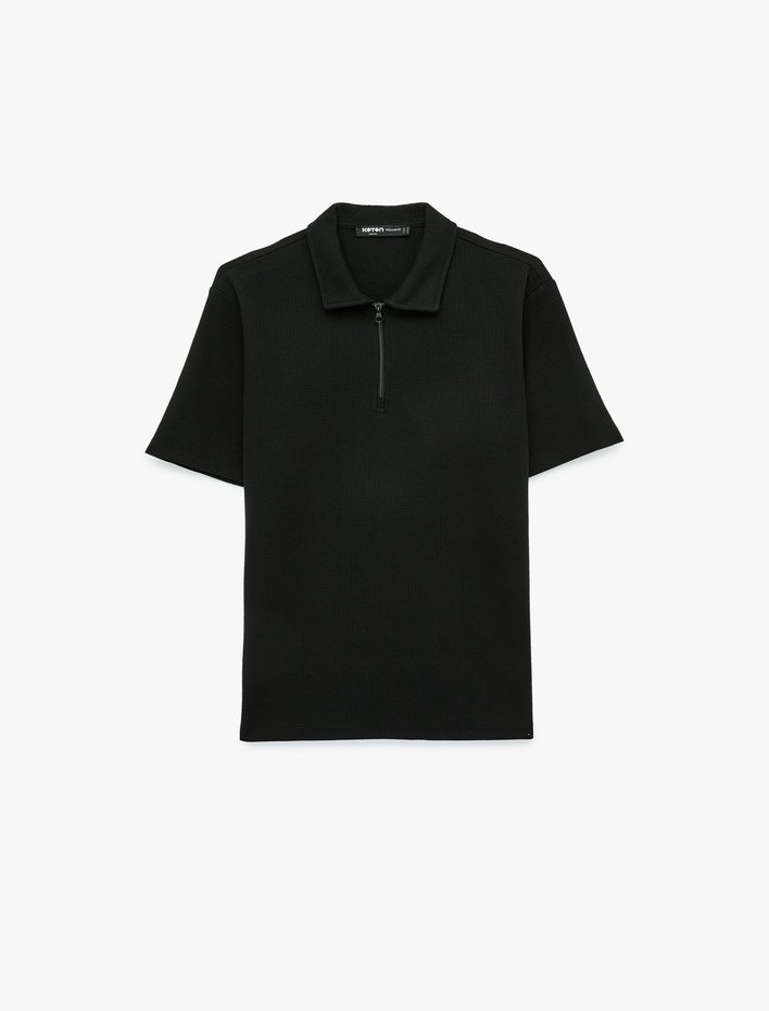  Regular Fit Kısa Kollu Waffle Dokulu Yarım Fermuarlı Polo Yaka Tişört