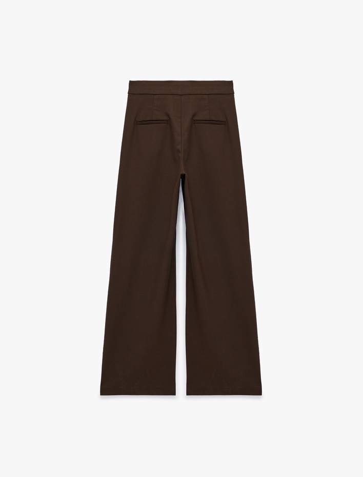  Yüksek Bel Cep Detaylı Geniş Paça Kumaş Pantolon