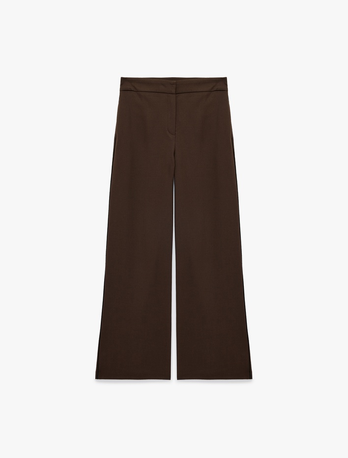  Yüksek Bel Cep Detaylı Geniş Paça Kumaş Pantolon