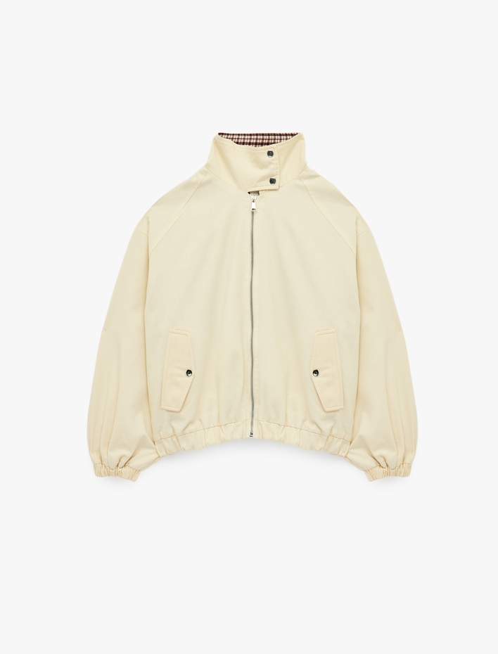  Pamuklu Uzun Kollu Dik Yaka Fermuarlı Cepli Mevsimlik Ceket